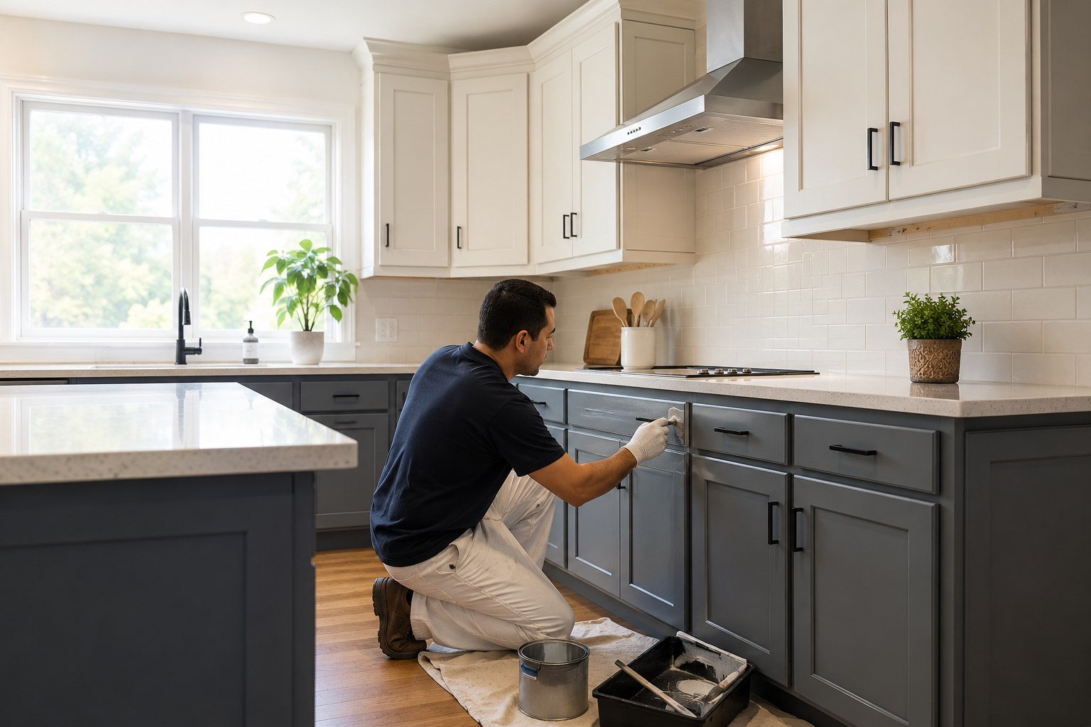 Craftsman applying paint to kitchen cabinet doors